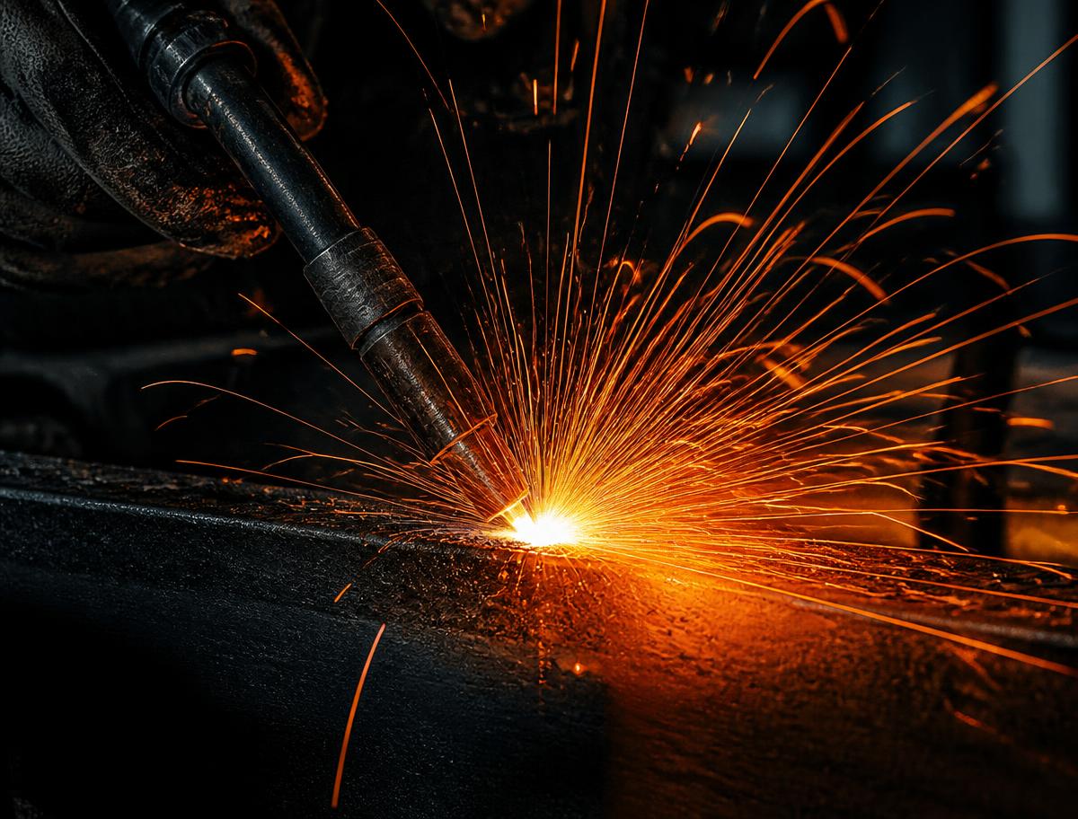Soldadura de una estructura metálica con chispas en el área de metalmecánica